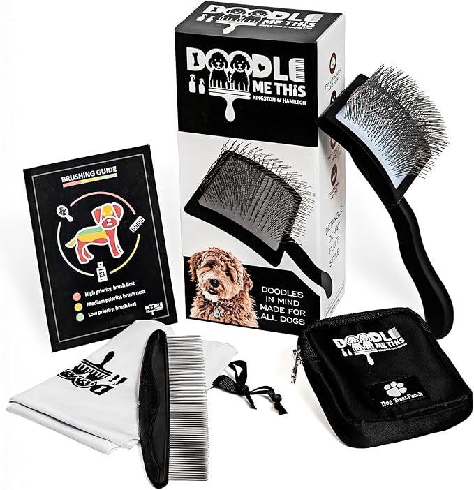 DOODLE ME THIS KINGSTON AND HAMILTON Slicker Brush for Dogs Kit Includes Comb Treat Pouch Bag and Guide Turns Stressful Grooming into bonding While Gently detangles matted Curly Wavy Coats.