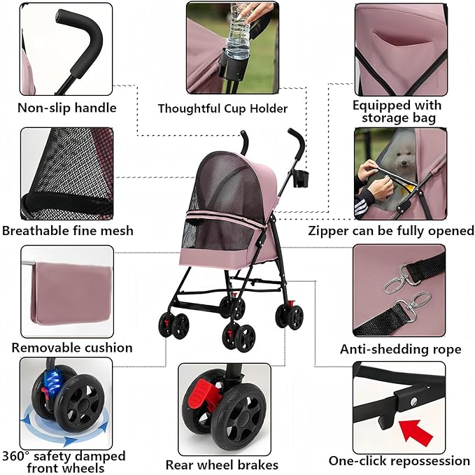 Pet Stroller for Small Dogs and Cats,CYUmail 4 Wheels Foldable Dog Stroller,Puppy Carrier for Small Dogs 0-15 lbs w/Cup Holder,Breathable Visible Mesh,Pink