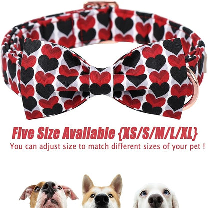 Valentines Dog Collar for Large Dog with Bow Tie, Red&Black Love Heart Valentine Dog Collars with Safety Metal Buckle Adjustable Puppy Collars for Boy & Girl Dogs L
