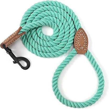 Mile High Life Dog Leash, Braided Cotton Rope Leashes with Leather Tailor Tip with Leather Tip - Heavy Duty Metal Clasp, 4FT, 1/2" Thick - Wedding, Walking Leash for Medium Large Dogs(Green)