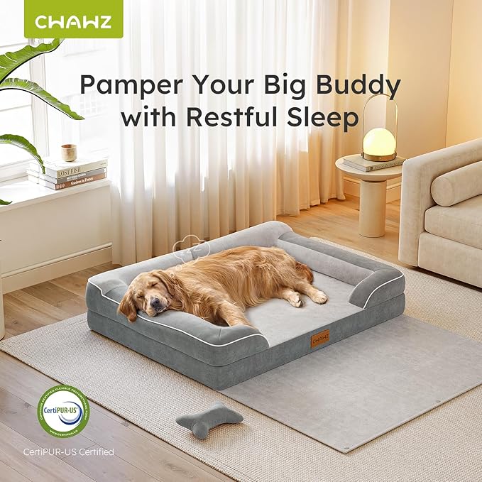 CWAWZ XXL Dog Beds for Extra Large Dogs, Giant Orthopedic Dog Sofa with Cooling Gel Memory Foam, Waterproof Pet Bed with Removable Washable Cover, 53" Pet Sofa Couch Dutch Velvet with Blanket Bone Toy
