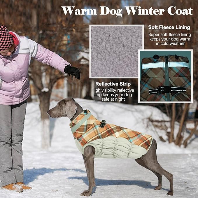 Lelepet Warm Dog Winter Coat Dog Coats for Large Dogs Waterproof Dogs Jacket with Harness Built in Reflective Cold Weather Coats Windproof Zip-Up Winter Fleece Vest Snowsuit Boxer Brown Plaid XL