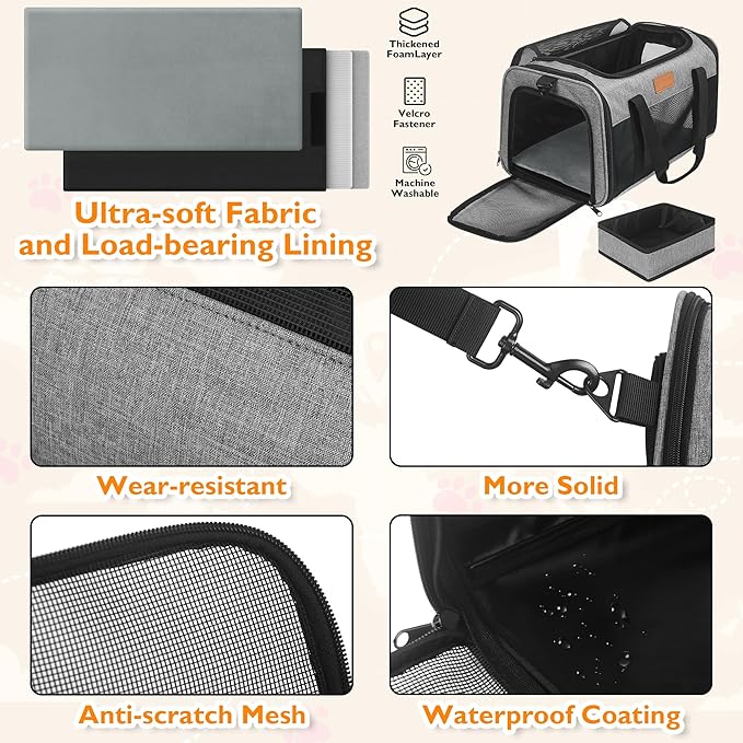 PETUX Airline Approved Pet Carrier - 17x11x9.5 in, Underseat, Top & Side Entry, Soft Sided Cat Dog Carrier for Small Cat & Dog Up to 12 lbs with Anti-Scratch Mesh & Litter Box for Travel & Vet - Grey