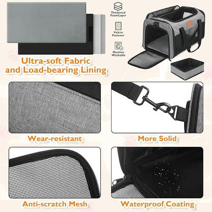 PETUX Airline Approved Pet Carrier - 17x11x9.5 in, Underseat, Top & Side Entry, Soft Sided Cat Dog Carrier for Small Cat & Dog Up to 12 lbs with Anti-Scratch Mesh & Litter Box for Travel & Vet - Grey