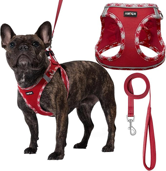 AMTOR Small Dog Harness with Leash Set, No Escape Easy Walk Puppy Harnesses for Training Walking, Step-in Reflective Soft Dogs Vest for XS S Medium Extra-Small Large Sized Dog(M Size,Red/White)