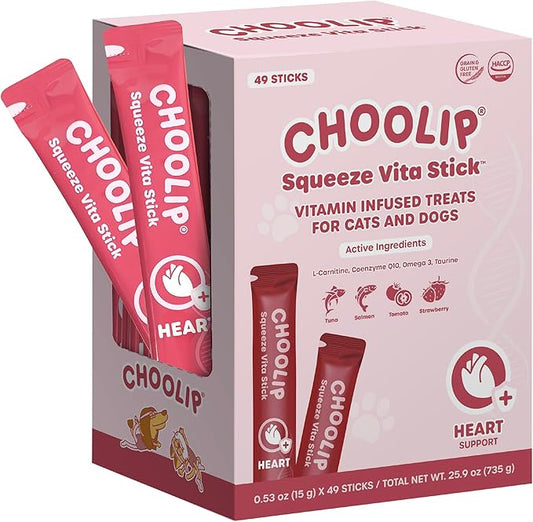 Choolip Squeeze Vita Stick Lickable Cat and Dog Treats, 49-Count Heart Support Variety Pack, Salmon and Tuna with CoQ10, L-Carnitine and Taurine