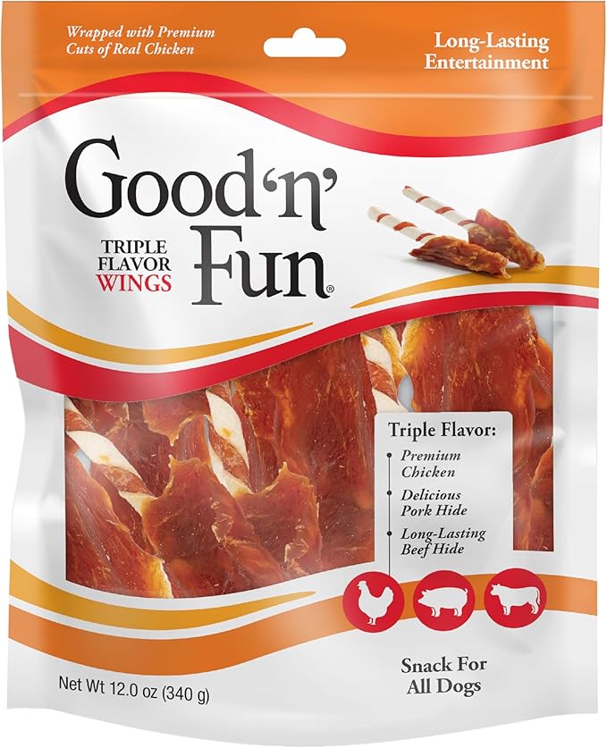Good 'N' Fun Triple Flavor Wings, Made With Real Meat, Treats for Dogs, 12 oz