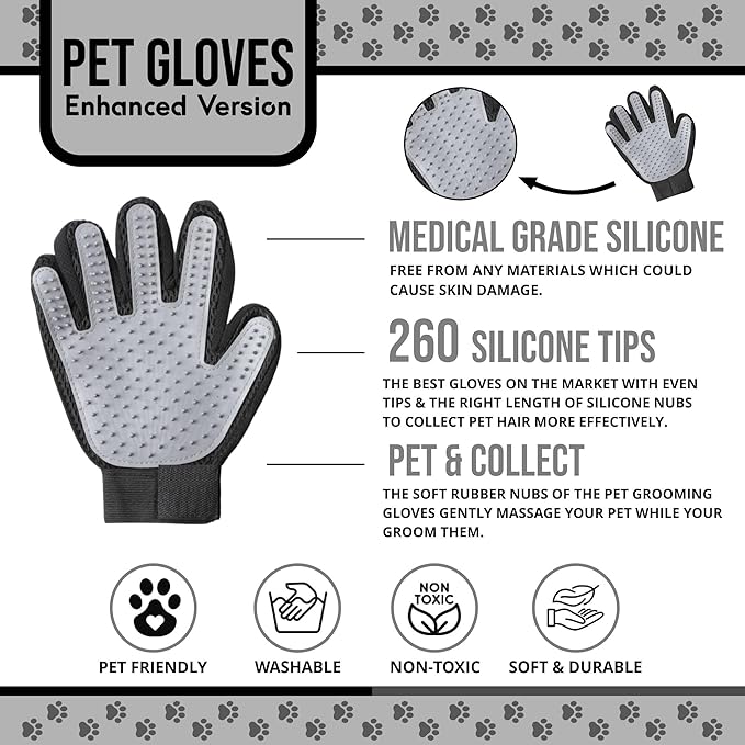Pet Grooming Gloves – 1 Pair – Deshedding & Bath Massage Mitts for Dogs & Cats – Choose from 5 Colors – Adjustable, Reusable & Easy to Clean (Gray)
