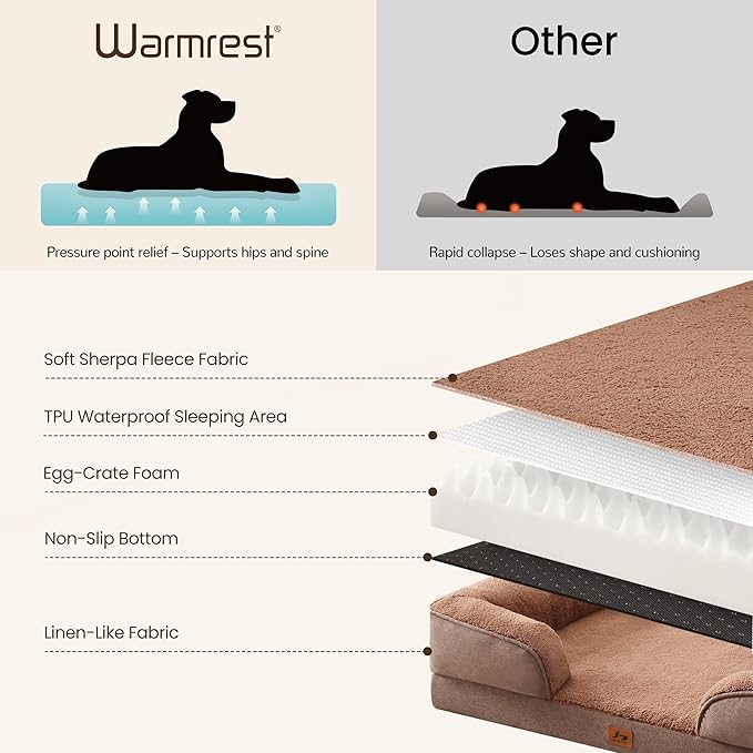 Warmrest Orthopedic Dog Beds for Medium Size Dogs, Waterproof Egg-Crate Foam Pet Couch Bed with Soft Sides, Non-Slip Dog Sofa with Fleece Removable Washable Cover, 35" L Supportive Pet Sofa, Brown