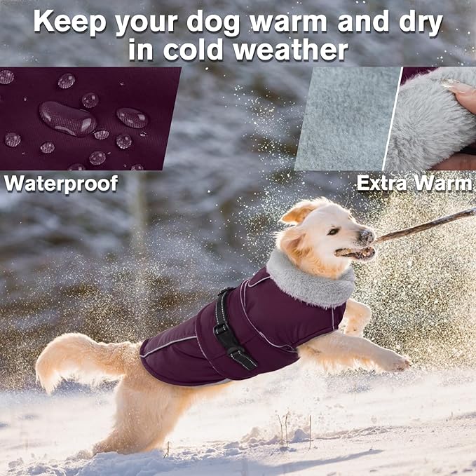 Lelepet Warm Dog Coat Waterproof Dog Jacket for Large Dogs Reflective Fleece Vest with Adjustable Buckle Hook & Loop Windproof Cold Weather Coats for Small Medium Large Dogs, Dark Purple, XL