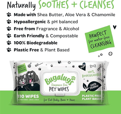 BUGALUGS Dog Wipes, 100% Plastic Free Biodegradable pet Wipes for Full Body, Eye Wipes, Ear Wipes, Bum & Paws. 110 Sensitive Dog Grooming Wipes for Dogs, Puppy & cat Grooming (Fragrance Free)