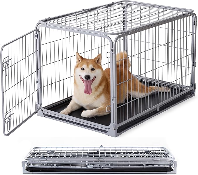 ZOMISIA Foldable Dog Crate for Medium Dogs - 36 inch Escape-Proof Metal Kennel with Double Door, Easy Assembly Collapsible Cage with Removable Tray, Indoor Outdoor Use, Silver Gray