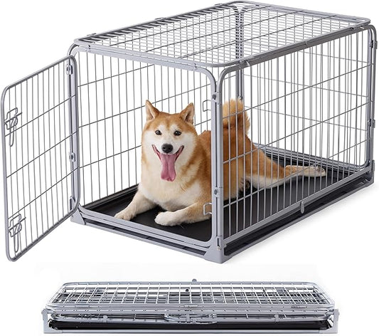 ZOMISIA Foldable Dog Crate for Medium Dogs - 36 inch Escape-Proof Metal Kennel with Double Door, Easy Assembly Collapsible Cage with Removable Tray, Indoor Outdoor Use, Silver Gray