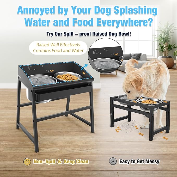Elevated Dog Bowls for Large Dog, 15“ Tall Raised Food and Water Bowl Set with Stand, Full Metal Spill Proof Design and Stainless Bowls for Indoor & Outdoor Use