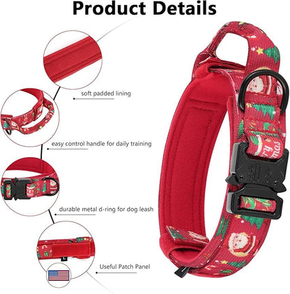 DAGANXI Tactical Dog Collar, Adjustable Military Training Nylon Dog Collar with Control Handle and Heavy Metal Buckle for Medium and Large Dogs, with Patches and Airtags Case (XL, Christmas red-Set)