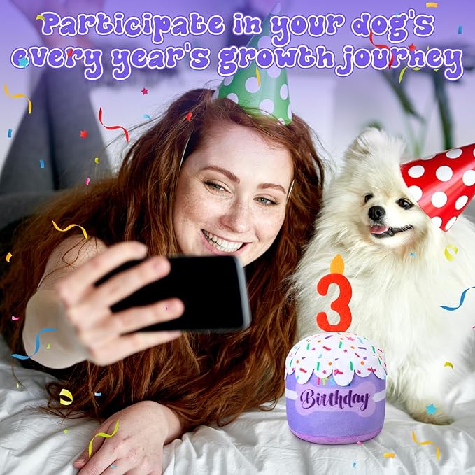 Dog 3rd Birthday Cake Toy Accessories for Girl Boy Gifts, Purple Squeaky Plush Toy for Dog Birthday Party Decor Favor for Large, Medium and Small Dogs