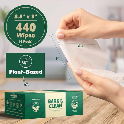 Bark & Clean 440 Dog Wipes for Cleaning and Deodorizing - 4 Pack of 110 8.5" x 9" Bamboo Pet Wipes - Compostable, Hypoallergenic Puppy Wipes - Dog Wipes for Paws, Butt, and Body