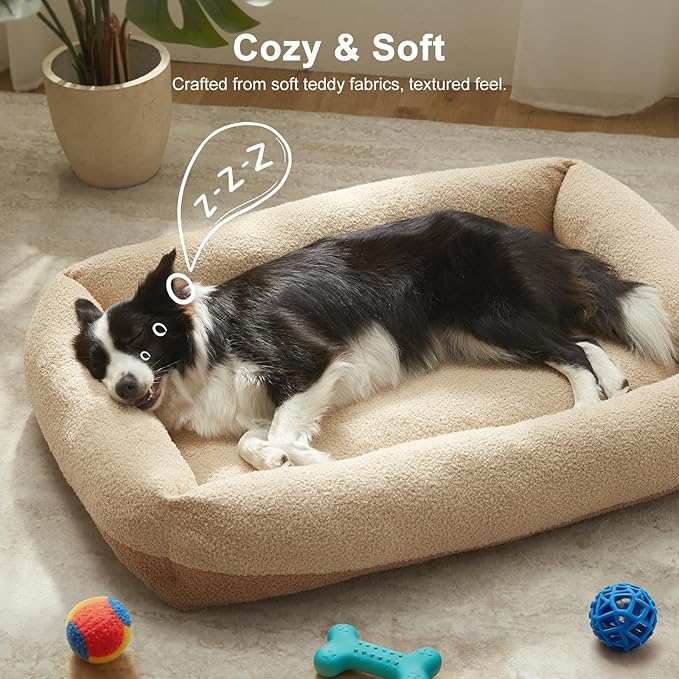 FURTIME Washable Dog Bed Large Sized Dogs, Washable Comfy Fluffy Large Dog Bed, Removable Zipper Cover Machine Wash, Soft Orthopedic Bed Durable Pet Cuddler with Anti-Slip Bottom, 36"x27"x8", Beige