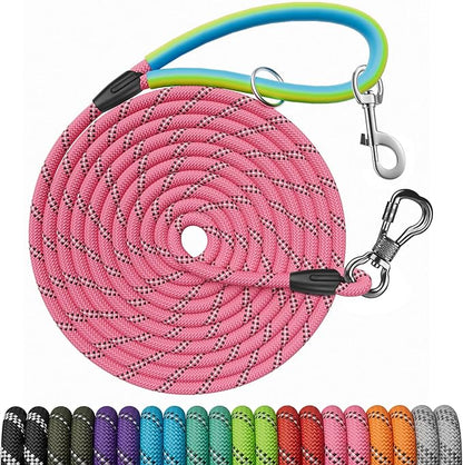 NTR Dog Long Leash, 50FT Recall Training Lead, with 2 Swivel Hooks, Reflective Threads and Soft Rubber Handle, Puppy Leash for Walking, Hunting, Camping for Small Medium and Large Dogs-Pink