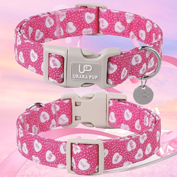 UP URARA PUP Valentine’s Day Dog Collar, Pink Heart Dog Collar with Quick Release, Valentine’s Day Gift Pet Collar for Puppy Girl Boy Dog, Wedding Dog Collar