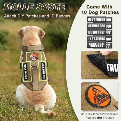 Service Dog Vest and Leash Set,Heavy Duty Tactical Dog Harness with Metal Buckles for Medium Sized Dogs,Adjustable No-Pull Dog Harness with 10 Patches for Training Working Hiking,Brown M