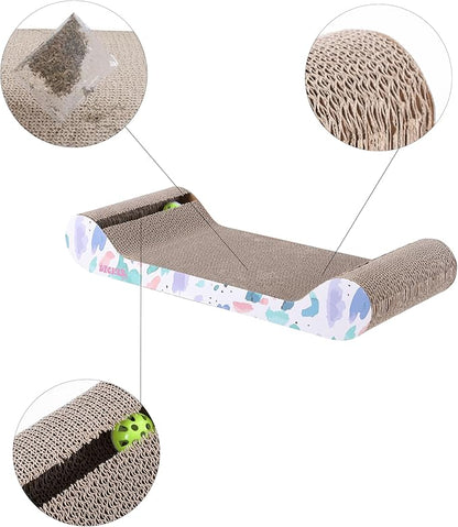 The LICKER Store CSR1003A Rini 23.75" Modern Cardboard Lounge Bed Cat Scratcher with Built-in Bell Toys and Catnip, White/Multi