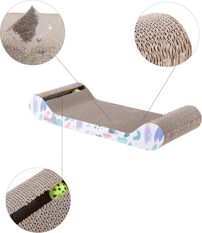 The LICKER Store CSR1003A-SET2 Rini 23.75" Modern Cardboard Lounge Bed Cat Scratcher with Built-in Bell Toys and Catnip, White/Multi (Set of 2)