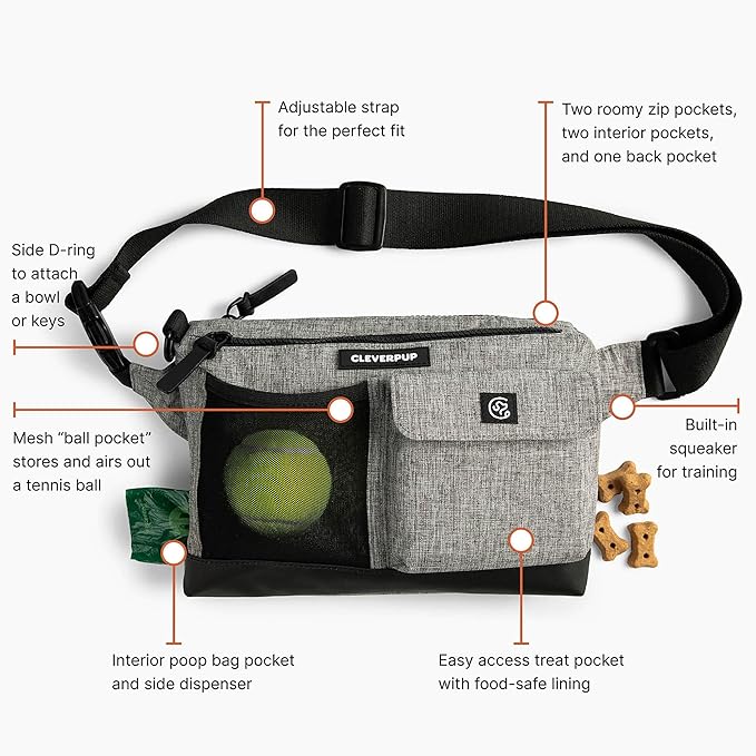 Cleverpup Dog Walk & Train Sling Bag by Cleverpup - Hands-Free 2-In-1 Treat Pouch, Poop Bag Holder, Clicker, Phone Pocket - Crossbody/Fanny Pack, Adjustable Strap - Heather Grey