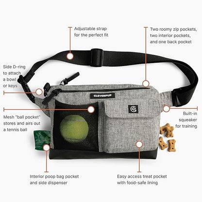 Cleverpup Dog Walk & Train Sling Bag by Cleverpup - Hands-Free 2-In-1 Treat Pouch, Poop Bag Holder, Clicker, Phone Pocket - Crossbody/Fanny Pack, Adjustable Strap - Heather Grey