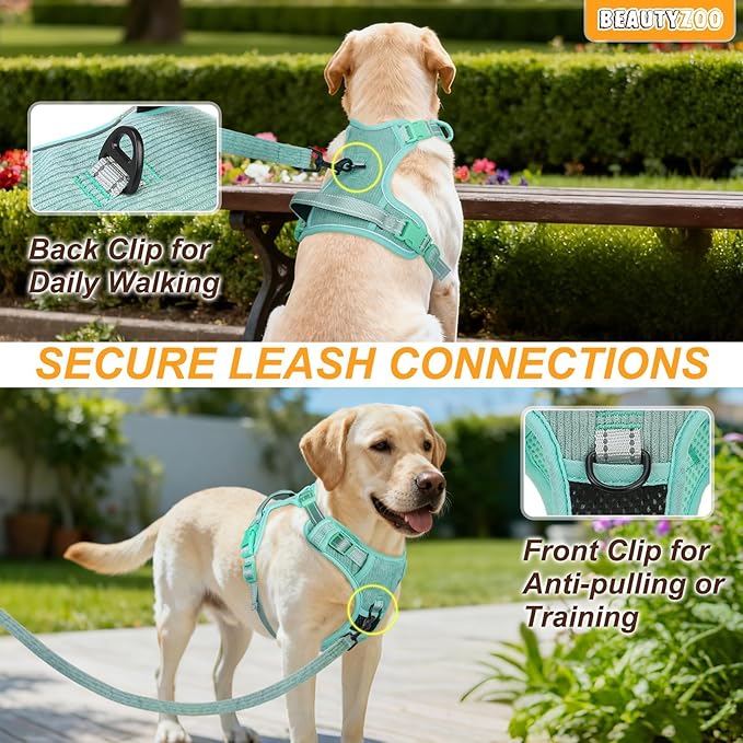 BEAUTYZOO No Pull Dog Harness, Adjustable Dog Harness and Leash Set -Easy Wearing with 3 Buckles/Control Handle,No Choke Soft Padded Reflective Pet Vest for Training Walking Hiking,Solid Aqua Blue L