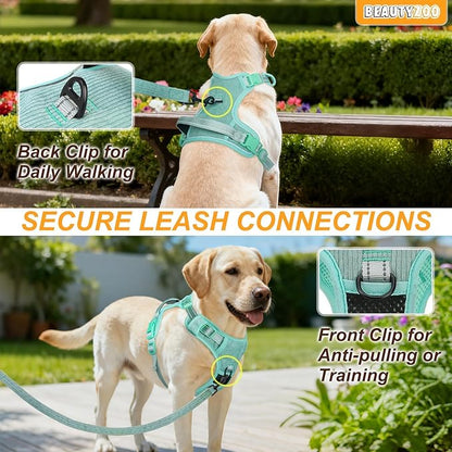 BEAUTYZOO No Pull Dog Harness, Adjustable Dog Harness and Leash Set -Easy Wearing with 3 Buckles/Control Handle,No Choke Soft Padded Reflective Pet Vest for Training Walking Hiking,Solid Aqua Blue L