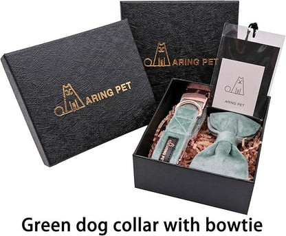 ARING PET Velvet Dog Collars with Bow tie, Dog Bowtie Collar, Adjustable Green Dog Collar,Small.