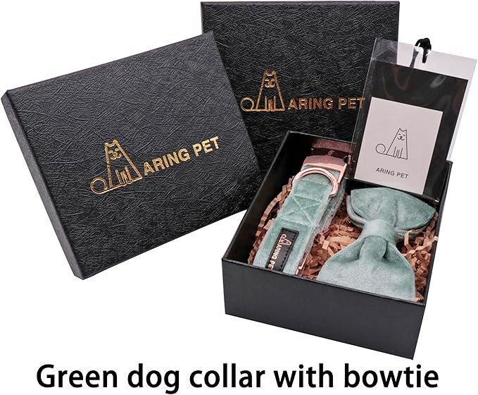 ARING PET Velvet Dog Collars with Bow tie, Dog Bowtie Collar, Adjustable Green Dog Collar,X-Large.