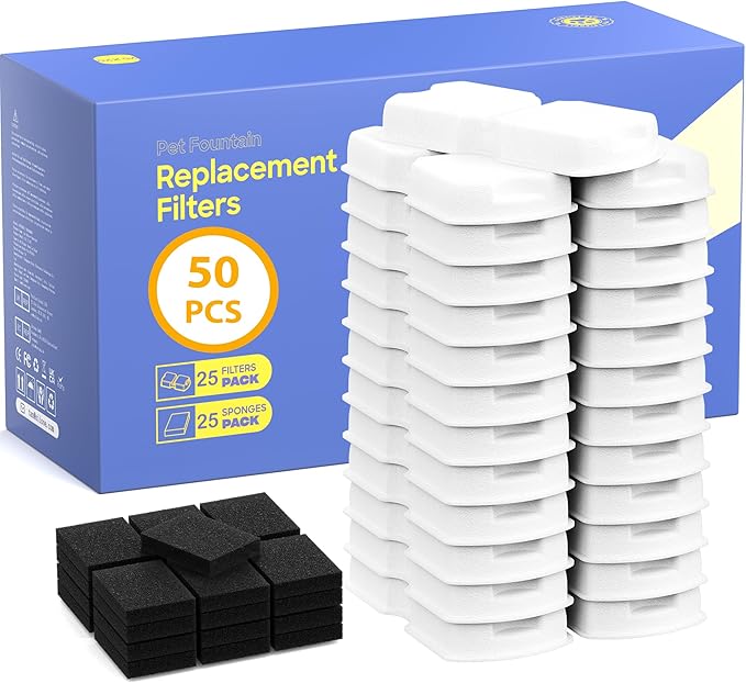 GIOTOHUN Pet Water Fountain Filter: 50 Cat Water Fountains Filter - 25 Carbon Filters & 25 Foam Filters - Suitable for GIOTOHUN Stainless Steel Cat Fountain S11