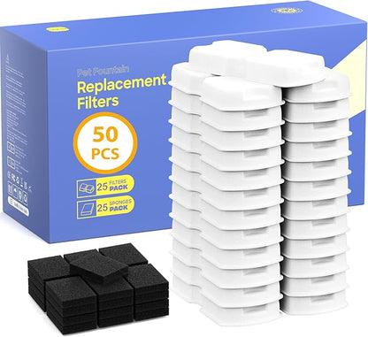 GIOTOHUN Pet Water Fountain Filter: 50 Cat Water Fountains Filter - 25 Carbon Filters & 25 Foam Filters - Suitable for GIOTOHUN Stainless Steel Cat Fountain S11