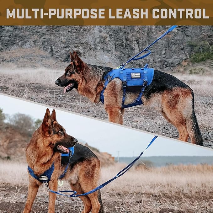 Forestpaw Tactical Dog Harness for Large Dogs,Tactical Dog Collar with Bungee Leash Set,No Pull Military Dog Harness for Walking Training,Adjustable for Medium Large Dogs,Blue,Chest 21.5-45"