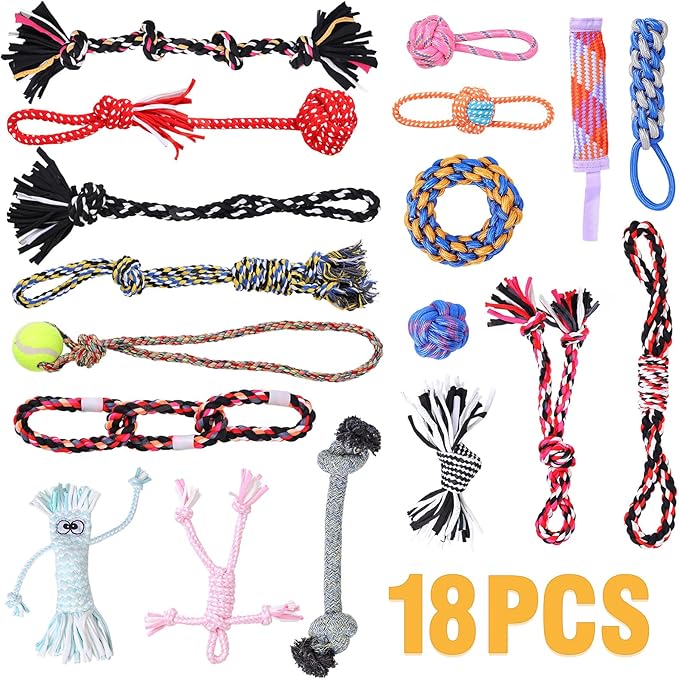 PPTAIO Dog Rope Toys with 18 pcs for Teething, Entertainment & Interaction, Dog Chew Toys, Training Tug Balls and Squeaky Toys for Medium&Small Puppies.