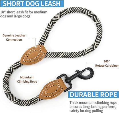 Mile High Life Short Leash for Large Dogs, Short Dog Rope Leash with Heavy Duty Metal Sturdy Clasp, Genuine Leather Tailored Connection(White, 18 Inch)
