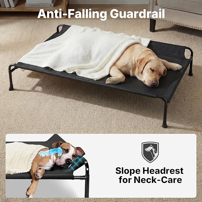 Veehoo Outdoor Elevated Dog Bed, Extra Large Raised Dog Bed with Headrest Sides, Washable Cooling Dog Cot with Non-Skid Feet, Breathable Mesh, Pet Hammock for Indoor or Camping, 47", Black