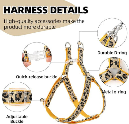 Mile High Life Leopard Dog Harness Collar Leash Set, Adjustable No Pull Dog Halter Harness for Small Breed Dogs, Easy Control for Training Walking (Yellow, XS Chest 9"-15", Neck 8"-12")