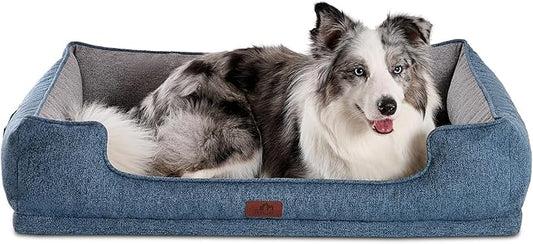 Hollypet Orthopedic Rectangle Dog Bed for Large Dogs, Supportive Egg-Crate Foam Pet Beds with Removable Washable Waterproof Cover and Non-Slip Bottom, Blue, 38" L x 29" W x 8.5" Th