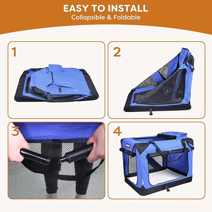 JESPET Soft Dog Crates Kennel for Pets, 3 Door Soft Sided Folding Travel Pet Carrier with Straps and Fleece Mat for Dogs, Cats (Royal Blue, Large(30" L x 21" W x 23" H))