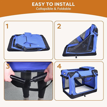 JESPET Soft Dog Crates Kennel for Pets, 3 Door Soft Sided Folding Travel Pet Carrier with Straps and Fleece Mat for Dogs, Cats (Royal Blue, Large(30" L x 21" W x 23" H))