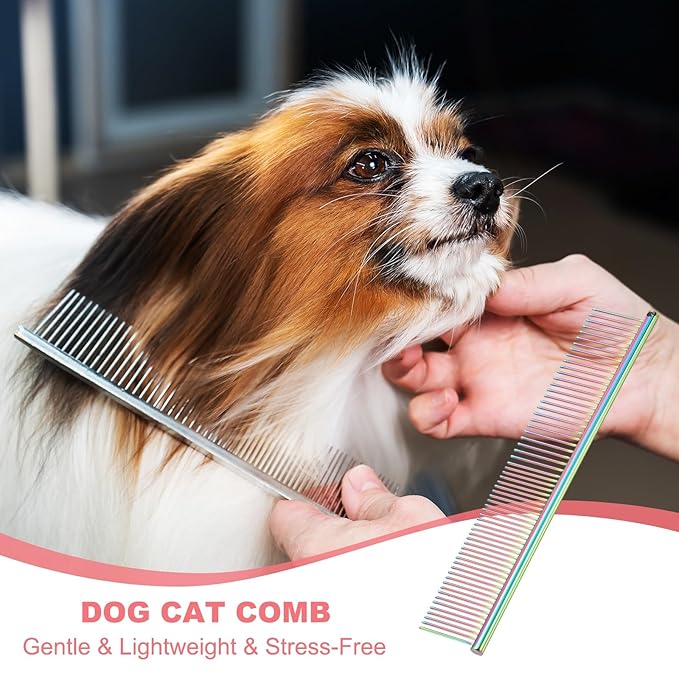 PETAXCELL Dog Cat Comb, Pet Combs Stainless Steel Teeth with Rounded Ends for Knots Mats Loose Hair Removal, 7.5IN (Colorful Plated, 3 Pack), Grooming Tool Intended for Long Curly Hair Pet