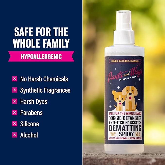 Pants and Wags Anti-Itch & Scratch Dematting Spray - Dog Hair Detangler - Orange Blossom & Chamomile - Hypoallergenic - No Dyes or Perfumes - 8 oz - 2 Pack