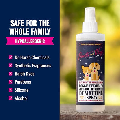 Pants and Wags Anti-Itch & Scratch Dematting Spray - Dog Hair Detangler - Orange Blossom & Chamomile - Hypoallergenic - No Dyes or Perfumes - 8 oz - 2 Pack