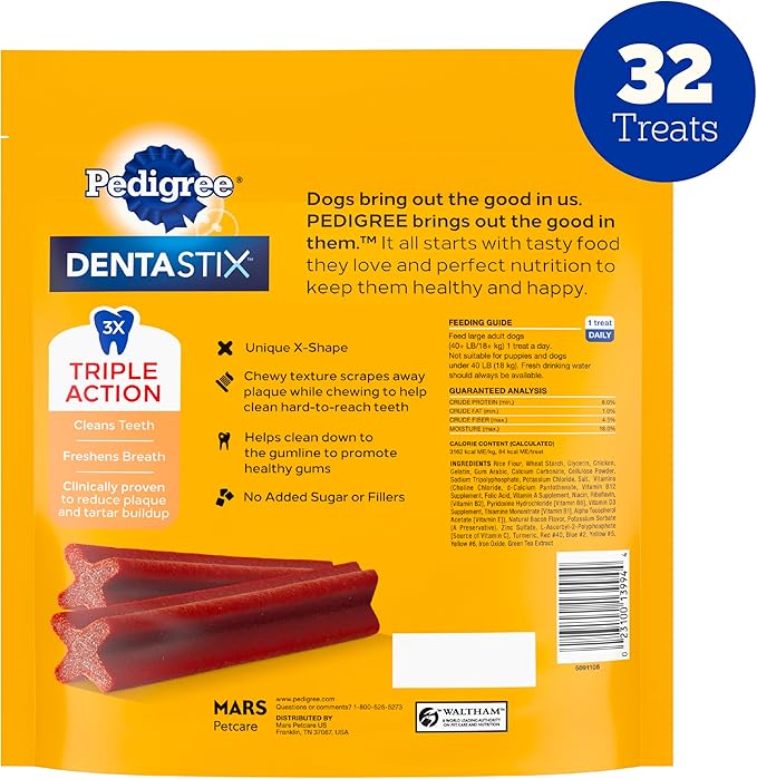 Pedigree Dentastix Large Breed Dog Treats, Bacon Flavor, 1.67 lb. Bag (32 Treats)