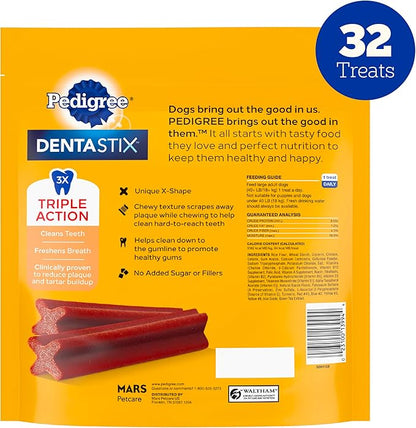 Pedigree Dentastix Large Breed Dog Treats, Bacon Flavor, 1.67 lb. Bag (32 Treats)