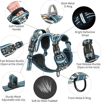 Timos Dog Harness, 3 Snap Buckles No-Pull Soft Padded Dog Vest with 2 Metal Leash Clips, Adjustable Reflective No Choke Pet Harness with Easy Control Handle for Small Dogs, Sunset Valley, S