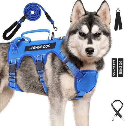 Escape Proof Dog Harness for Large Medium Sized Dogs Six Point Adjustable, Service Dog Vest Harness and Leash Set, No Pull Dogs Harnesses with Handle, XL Dog Harnesses for Walking(Blue, L)